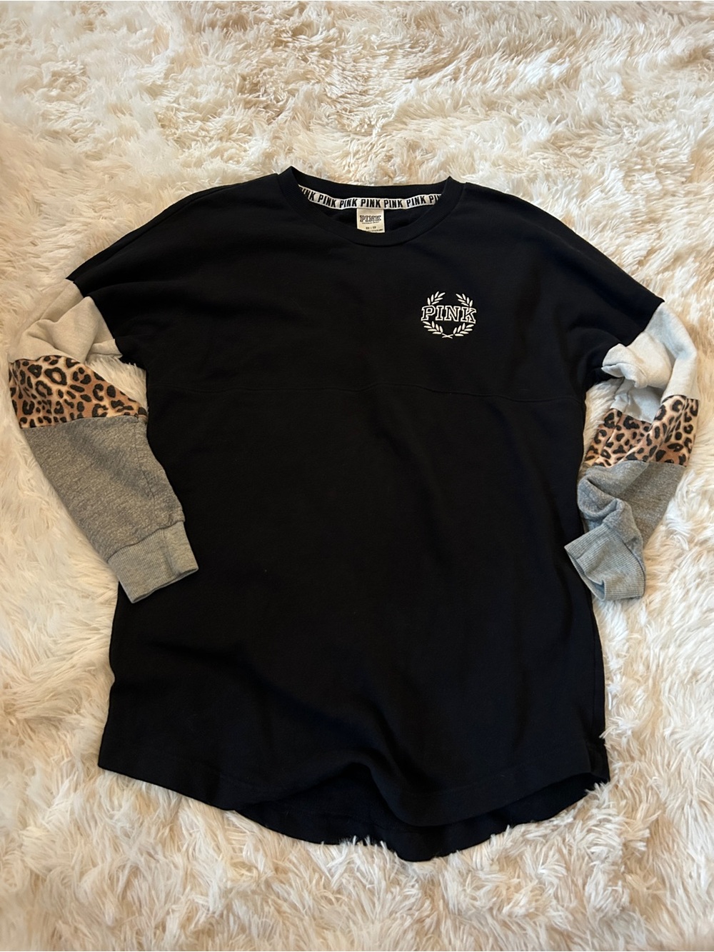 PINK Victoria's Secret Black Long Sleeve Tee with Gray & Leopard Accents